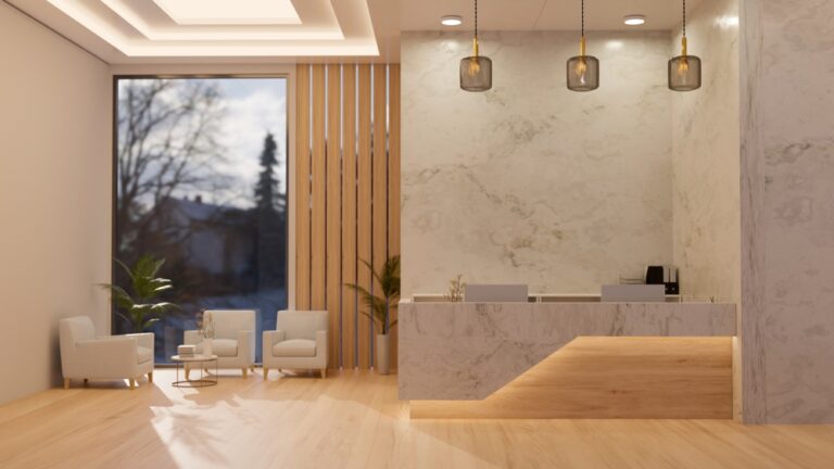 Elegance,Modern,Reception,Interior,In,White,Marble,And,Wood,Style